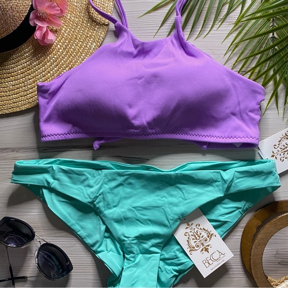 BECCA 🩵 Hi Neck Lilac Bikini Top | Cinched Cheeky Bottoms - Picture 2 of 14